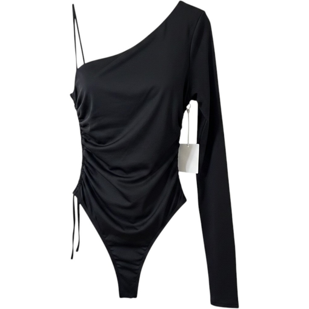 ALL THE WAYS Arya Bodysuit XS Black One Shoulder Ruched Long Sleeve Top NWT